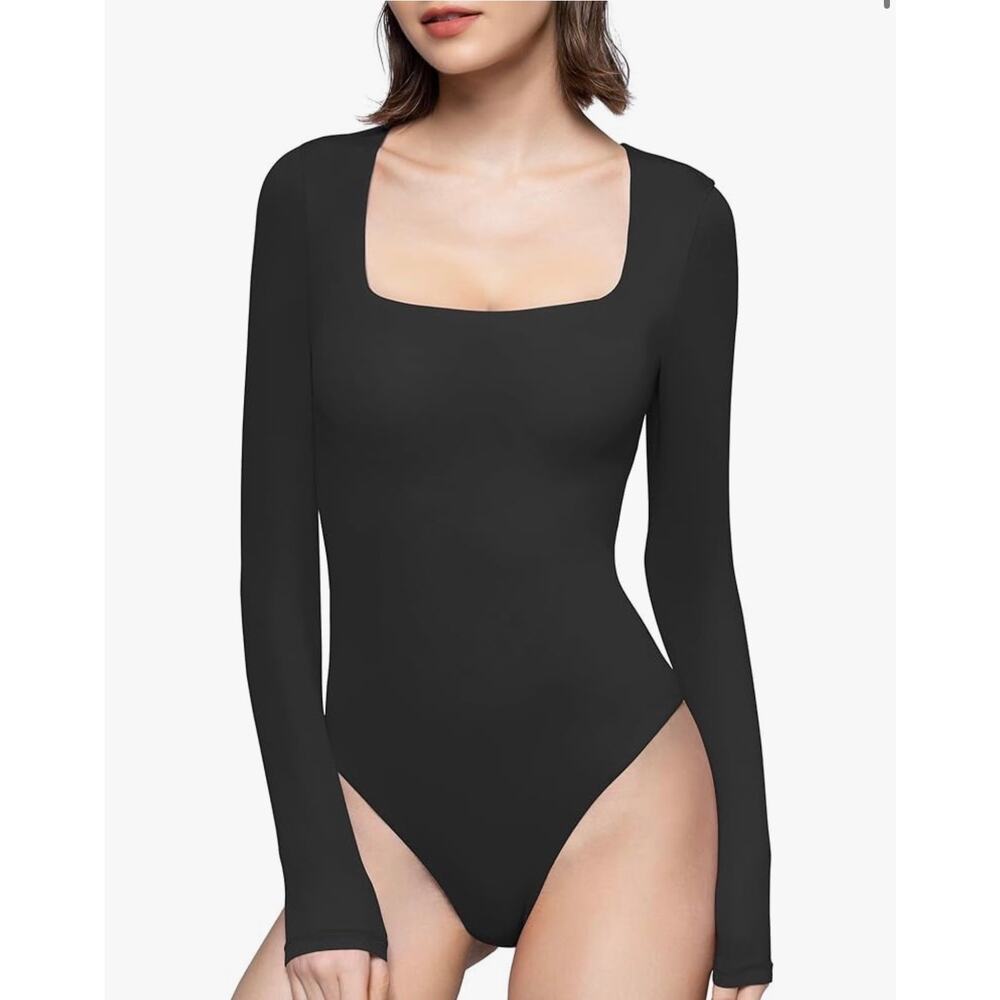 Pumiey: Black Square Neck Bodysuit